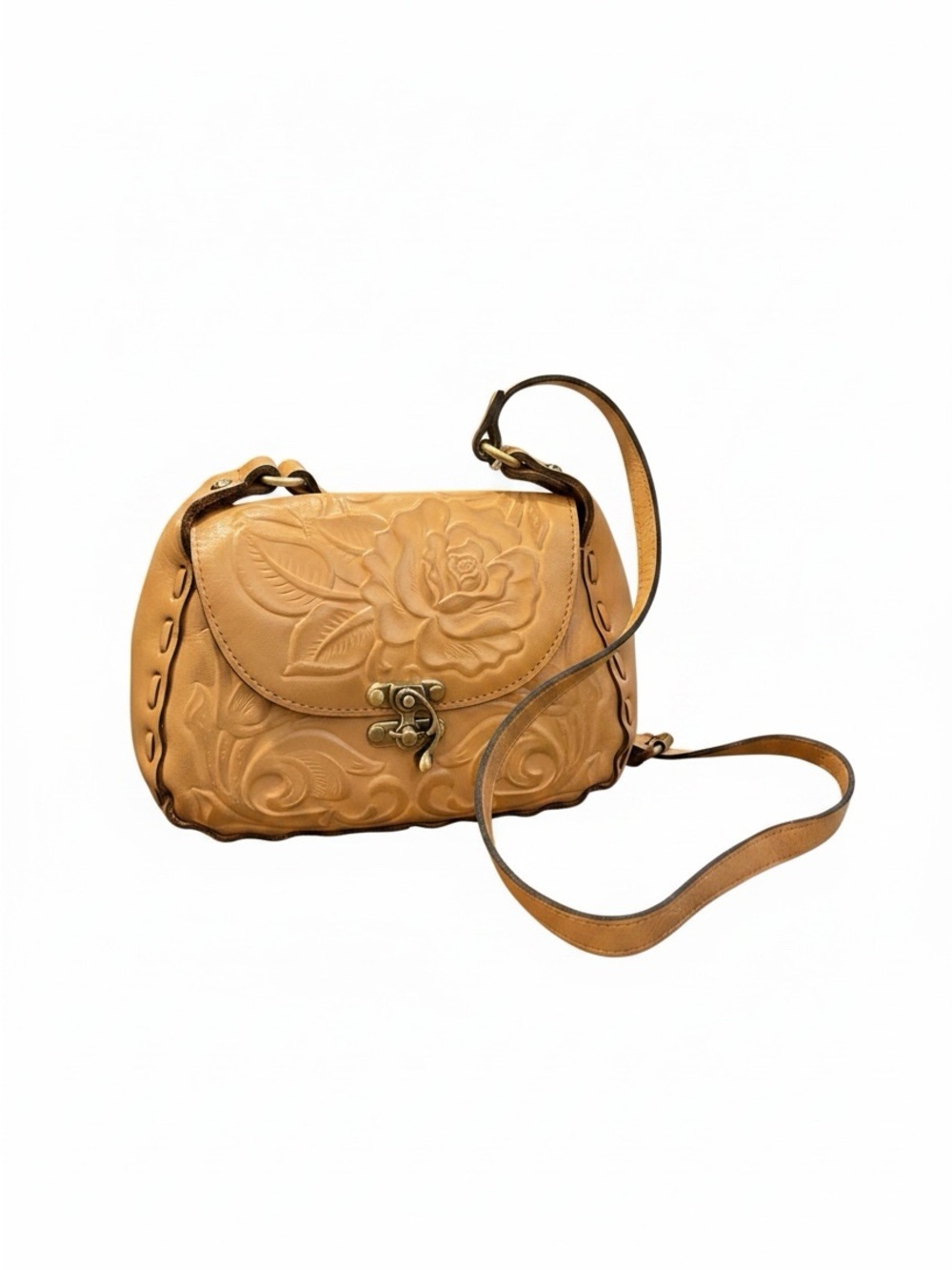 Patricia Nash Tan Floral Tooled Leather Crossbody Bag